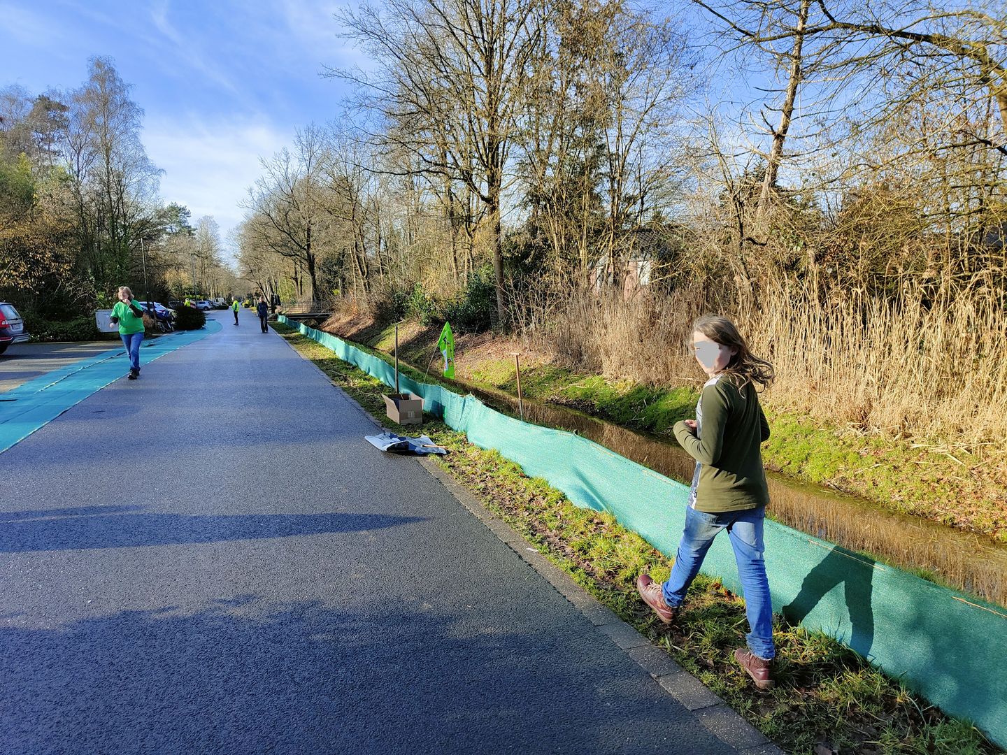 Das Bild zeigt einen Amphibienzaun am Straßenrand und ein Kind